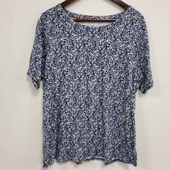 J. Jill Tops - J Jill Women Pima Slub Scoop Neck Side Slit Tee Size XL Blue Floral Short Sleeve